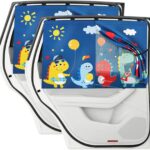 Car Window Shade for Baby, 2 Pack Magnetic Double Layer Cute Dinosaurs Car Sun Shade Side Window, Adjustable Privacy Blackout/See-Through Window Curtains for Baby Kids UV Protection
