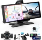 Portable Apple Carplay Screen, 10’’ Car Stereo Wireless Car Play & Android Auto Touch Screen, 4K Dash Cam, 1080P Backup Camera, Mirror Link/Voice Control/Music Play/GPS Navigation