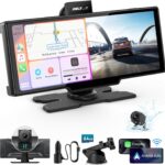 Portable Apple Carplay Screen, 10’’ Car Stereo Wireless Car Play & Android Auto Touch Screen, 4K Dash Cam, 1080P Backup Camera, Mirror Link/Voice Control/Music Play/GPS Navigation