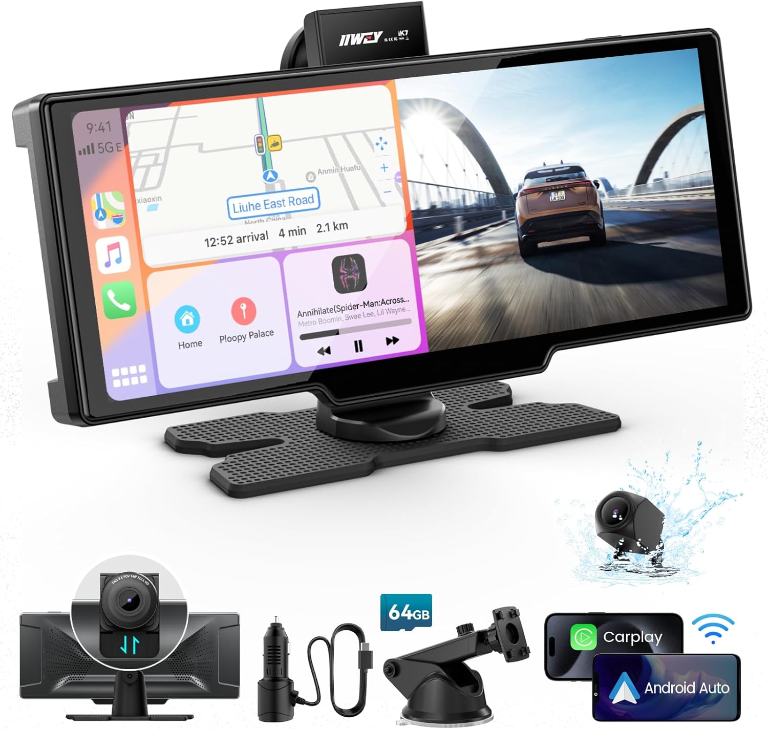 71MYCjIzf2L._AC_SL1500_.jpg Portable Apple Carplay Screen, 10’’ Car Stereo Wireless Car Play & Android Auto Touch Screen, 4K Dash Cam, 1080P Backup Camera, Mirror Link/Voice Control/Music Play/GPS Navigation - Image 1