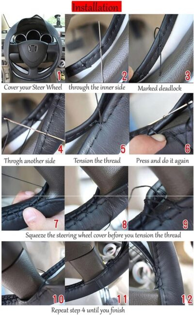 AUTOXBERT 38cm/15 Inch Leather Steering Wheel Cover Stitch On Wrap, Breathable, Anti-Slip Steering Wheel Cover for Nissan Qashqai Toyota Camry RAV4 VW Golf - Image 6