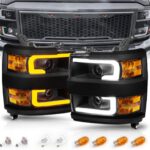 AmeriLite for 2015-2019 Chevy Silverado 2500HD 3500HD Pickup w/Switchback LED Tube All Dark Black Square Projector Headlights Assembly Set - Passenger and Driver Side