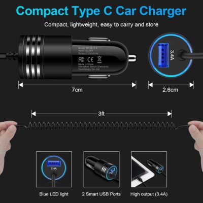 Android Car Charger Fast Charging Cord Type C 3.4A USB C Cigarette Lighter Adapter with Coiled Cable for Samsung Galaxy S26 S25 S24 S23 Z Flip 7 6 5 4 3 Z Fold 7 6 5 4 A17 A16 A35 A25 A15 A54 A14 A53 - Image 5
