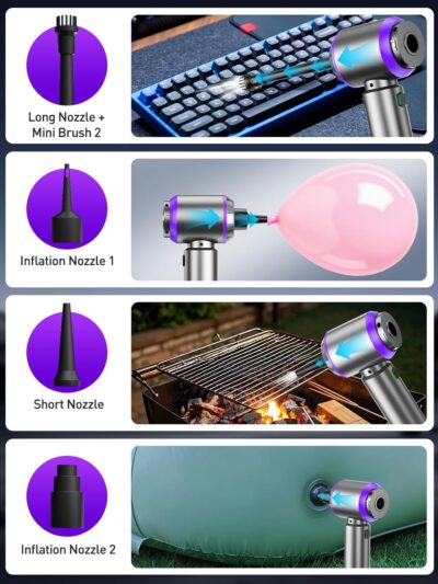 Vacuum/Air Duster 80,000RPM Super Power Mini Car Vacuum Cleaner 4-in-1 air Blower Gun Air Duster & Air Blower & Pump Hand Electric air Duster Handheld dust Blower Blower Cordless (Purple) - Image 6