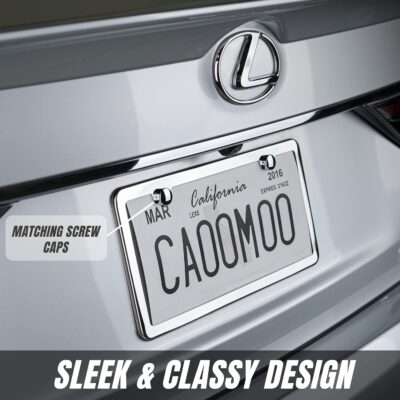 SunplusTrade 2 Stainless Steel Polish Mirror License Plate Frame + Chrome Screw Caps (Silver) - Image 2