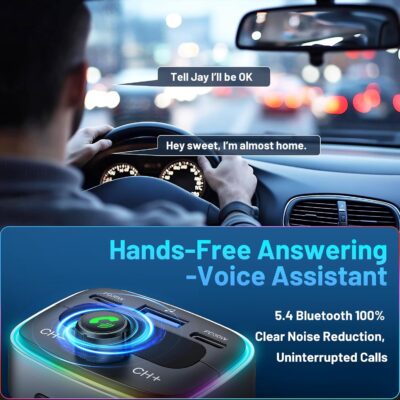 Bluetooth 5.4 Car Adapter 60W Charging USB Bluetooth Adapter for Car,Wireless Fm Transmitter Radio,Handsfree Calling and Audio Receiver,HiFi Music Player,7 Colors LED Backlit - Image 5