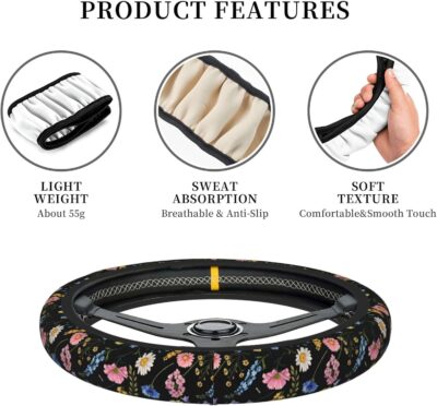 Wildflower Steering Wheel Cover for Women, Universal Auto Steering Wheel 14-15 Inch Car Interior Accessories with 2PCS Car Coasters, Suitable for Men and Women - Image 4