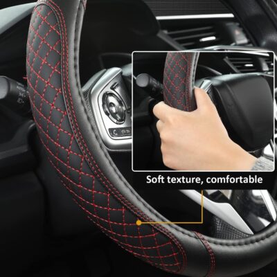 West Llama Car Steering Wheel Cover for Ford Escape,Explorer,Fusion,Focus,Bronco,Transit,Edge(Diamond Quilted - Black+Red- Standard Size) - Image 5