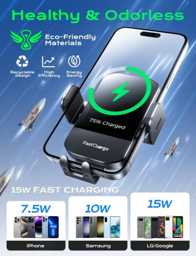 CHGeek Wireless Car Charger, 15W Fast Charging Auto Clamping Phone Holders Phone Mount fit for iPhone 17 16 15 14 13 12 Pro Max 11 XR XS, Samsung Galaxy S25 Ultra S24 S23, Black - Image 2
