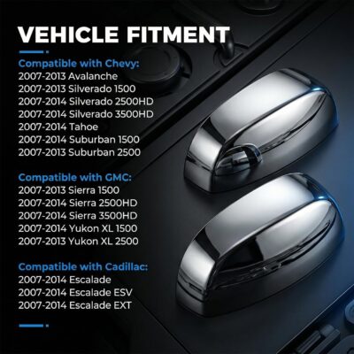 Chrome Side View Mirror Covers Caps Top Half Compatible with Chevrolet Silverado Tahoe Suburban Avalanche, GMC Sierra Yukon Cadillac Escalade 2007 2008 2009 2010 2011 2012 2013 2014 - Image 2
