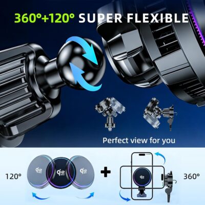 25W Qi2.2 Wireless Car Charger, Magnetic Phone Holder with RGB Light and Ice Cooling, Car Mount Charger 360°Rotation for Air Vent, Fast Charger for iPhone 17 Max Plus 16 15 14 13 12 Air Pro - Image 4