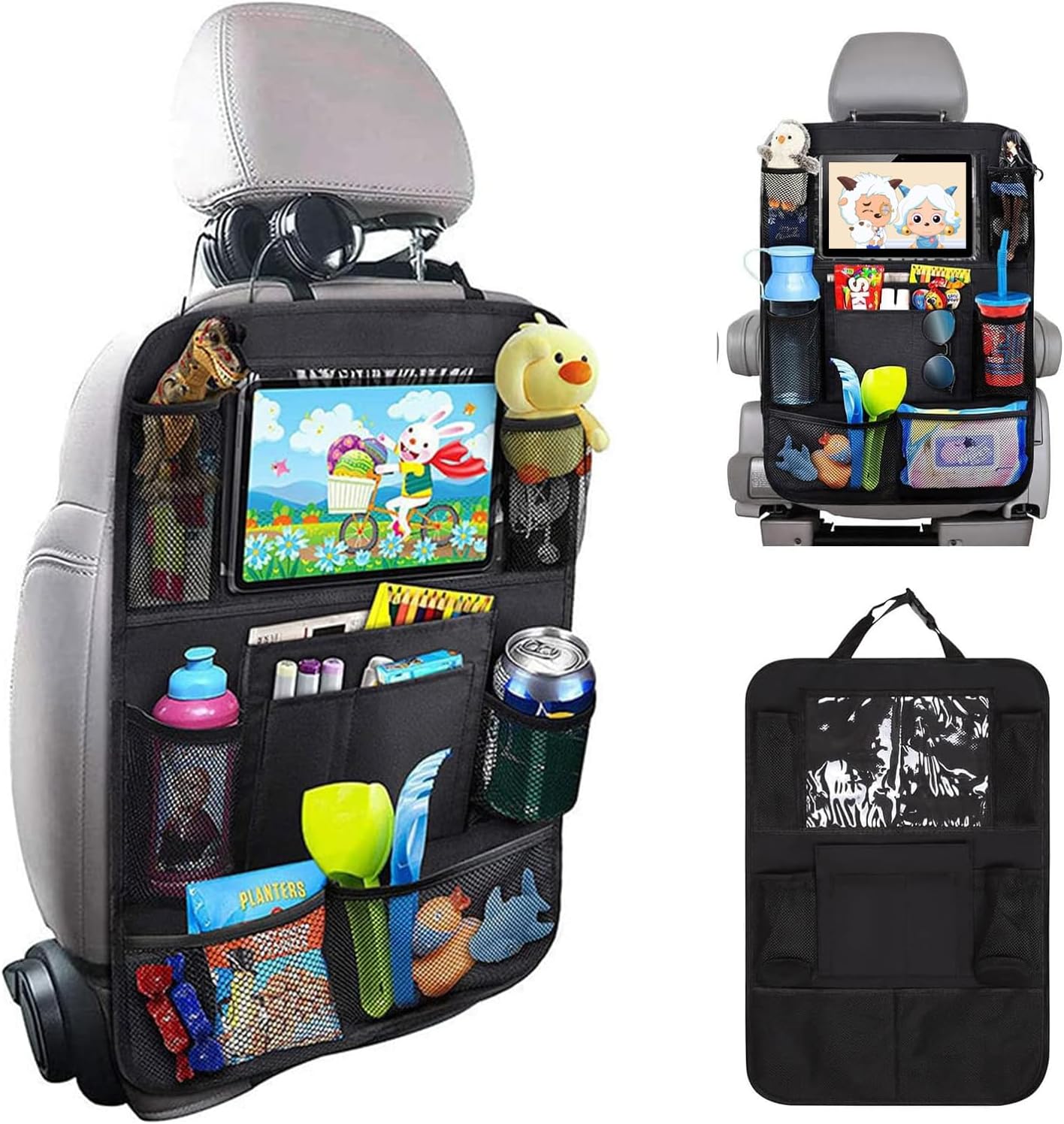 71NBUQGYqiL._AC_SL1500_.jpg Matenf Car Organizer Back Seat with 9 Storage Pockets & 10″ Tablet Holder, 1Pack Seat Back Cover for Kids Toddlers, Kick Mats Protector, Keep Cars Vehicles Organized & Tidy, Travel Accessories - Image 1