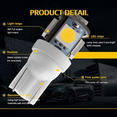 YM E-Bright 20-Pack T10 194 Led Bulb, White 5050 5 SMD 2825 W5W 912 168 LED Bulb Replacement For Car Interior Lights Clearance Wedge Dome Trunk Dashboard License Plate Light Lamp DC 12V - Image 4