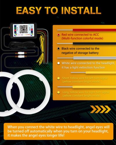 Qasim Angel Eyes Halo Rings Cotton Lights 12V 70MM RGB LED Universal for Car Scooter Motorcycle DRL Fog Light Turn Signal Light APP Bluetooth Control Multi-Color 2-Pack - Image 6