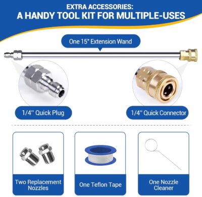 MEKOH 14" Pressure Washer Surface Cleaner 4500PSI, 4 Wheels Stainless Steel Power Washer Attachment for Driveway Sidewalk Patio Concrete, 1/4'' Quick-Connect, 1 Extension Wand & 2 Replacement Nozzles - Image 8