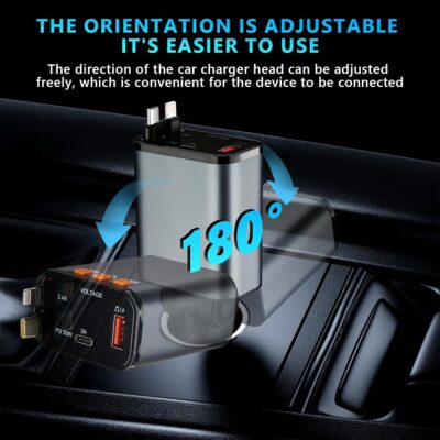 Retractable Car Charger,5 in 1 Fast Cars Phone Charger 60w,Bluetooth 5.3 FM Transmitter Adapter,Handsfree Call,MP3 Player,2 Retractable Cables and USB Chargers, for Phone,Galaxy,Pixel (Black) - Image 2