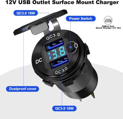 12V Flush Mount Car Charger, Aluminum Metal Body with LED Voltmeter and Switch, Dual QC3.0 USB Port for Marine, RV, Motorcycle & Panel Mounting (red) - Image 2