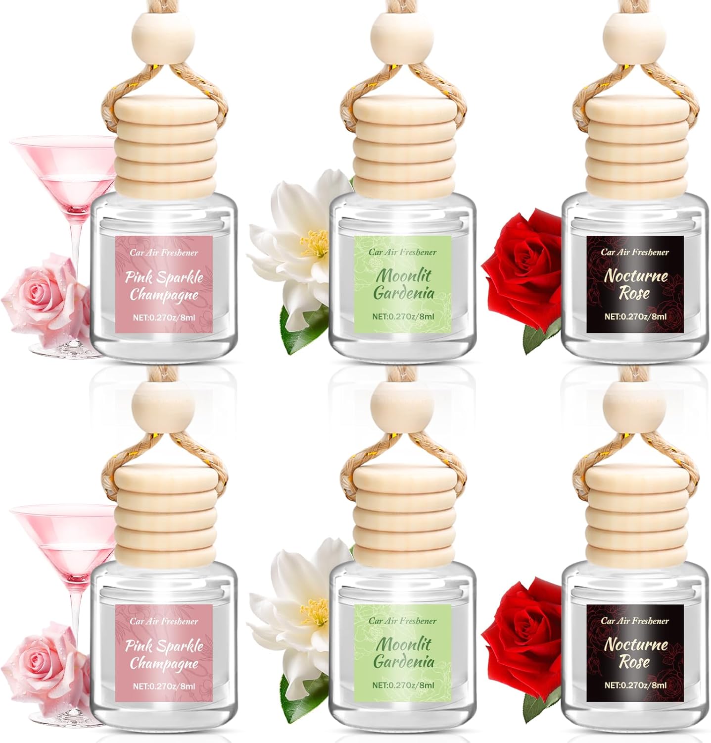 71NfEUkESBL._AC_SL1500_.jpg 6 Pack Car Air Freshener, Long Lasting Natural Essential Oil Fragrance Diffuser - Pink Sparkle Champagne, Moonlit Gardenia & Nocturne Rose, Hanging Female Perfume Car Accessories Decor Gift - Image 1
