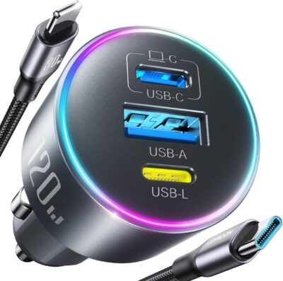 120W Fast Car Charger for iPhone 14 13 12 11-17 Pro Max Plus Mini SE XR XS X 8 7 6, iPad, PD 100W Super Fast Charging & Ultra-Compact Adapter Cigarette Lighter with [USB L Cable to USB C] and USB-C&A - Image 9