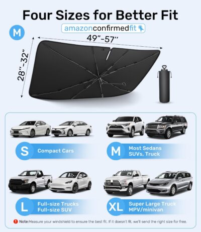Zanch 2025 Upgraded Car Windshield Sun Shade [Cool Down by 75℉ ] with Heat Insulation Coating, Foldable Sunshade Umbrella Flexible Handle & Ribs, Medium (57''x32'') for Car, SUV, Truck, Van - Image 7