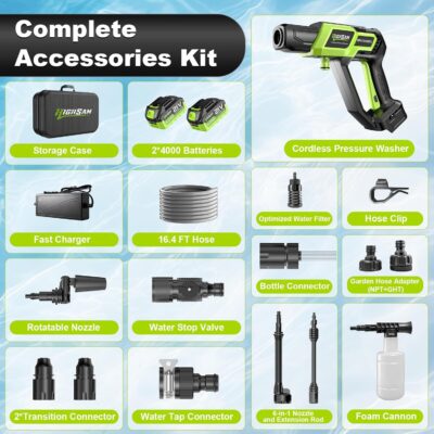 Cordless Pressure Washer 1500PSI 2.6GPM 400W Brushless Motor,Portable Electric Power Washer, 2 Batteries, Fast Charger, 6-in-1 Nozzle, Extension Rod, 16.4FT Hose & Storage Case for Car Home Cleaning - Image 6