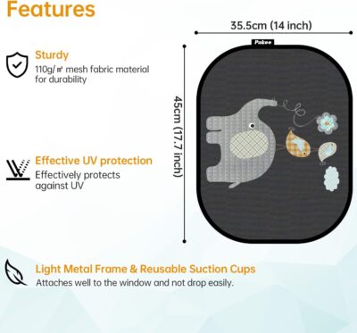 Car Sun Shade for Baby with UV Protection, 2 Pack UV Protection Breathable Car Window Sun Shade for Children with Cute Animal Motifs, 17.7 x 14 inches Sun Shades with 8 Cups - Image 3
