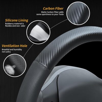 Carbon Fiber Leather Steering Wheel Cover for Tesla Model 3/Y 2016-2025 2026 Juniper/Highland, Non-Slip Breathable Steering Wheel Protector for Tesla Model 3/Y Accessories 2026 - Image 5