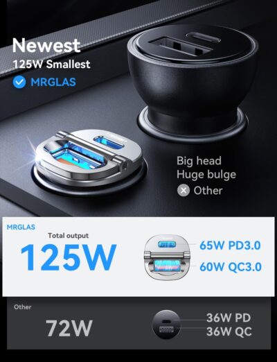 MRGLAS 125W USB C Car Charger, [Mini & Metal] USB C Car Charger Adapter Fast Charging PD65W & QC60W Dual Port Type C Cigarette Lighter USB Charger for iPhone 16 15 Pro Max S25 MacBook-Silver Gray - Image 2