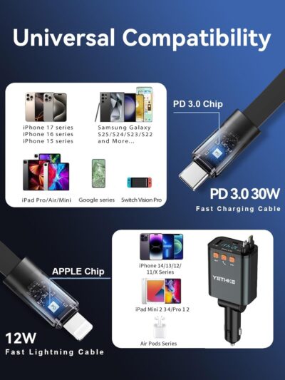 Bluetooth Car Adapter with Retractable Charger, FM Transmitter Bluetooth 5.4 for Cars, 4 in 1 Fast Car Phone Charger 69W, Handsfree Call, 2*Retractable Cable for iPhone 17/16/15/14, Galaxy-Black - Image 7