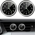 2PCS Stick on Dashboard Car Clock, Mini Luminous Automotive Vent Clip Quartz Clocks, Alloy Waterproof Analog Clock Watch Universal for Car Boat Bike Home, Interior Car Accessories (Black+Black)