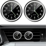 2PCS Stick on Dashboard Car Clock, Mini Luminous Automotive Vent Clip Quartz Clocks, Alloy Waterproof Analog Clock Watch Universal for Car Boat Bike Home, Interior Car Accessories (Black+Black)
