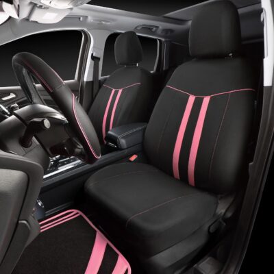 CAR PASS Car Seat Covers Full Set for Women Girls with Waterproof Car Floor Mats,Anti-Slip Leather Steering Wheel Cover,Universal Fit for SUVs,Vans,Trucks,Sedans,Cars (Combo Set,Black & Pink) - Image 3