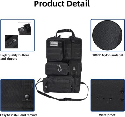 Tactical Car Seat Back Organizer,Tactical Molle Seat Back Organizer with 6 Detachable Molle Pouch,Universal Fits for Car Truck Jeep Vehicle Black - Image 4