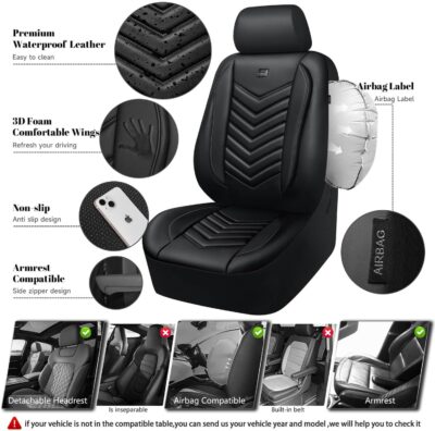 CAR PASS 3D Foam Faux Leather Car Seat Covers Full Set,Waterproof Leather Seat Cover for Cars,Luxury Universal Fit for SUV Truck Sedan Automotive, Armrest Airbag Compatible Anti-Slip, All Black - Image 3