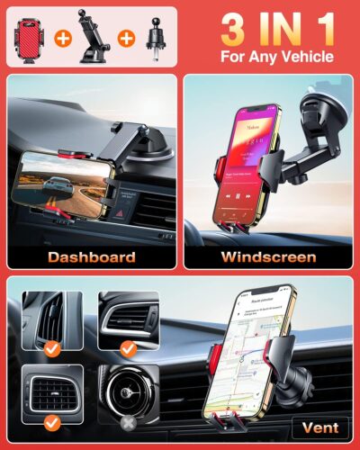 VANMASS Phone Holders for Your Car 2026 Ultimate Phone Mount Military-Grade Windshield Dashboard Vent【Newest Best Strongest】 Cell Phone Car Mount for iPhone 16 Pro Max 15 Samsung Android,Red - Image 4