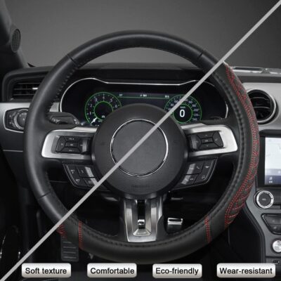 West Llama Car Steering Wheel Cover for Ford Escape,Explorer,Fusion,Focus,Bronco,Transit,Edge(Diamond Quilted - Black+Red- Standard Size) - Image 6