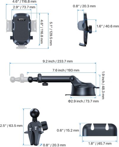 HTU 2026 Upgraded [True Military-Grade] Car Phone Holder【Safety Certs & No Smell】 Cell Phone Holder for Car Mount for Dashboard Windshield Air Vent Long Arm Thick Case,Black - Image 9