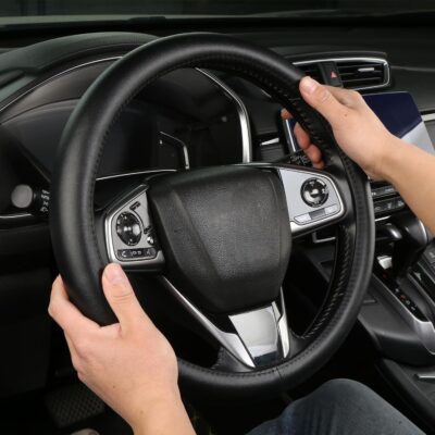 Leather Steering Wheel Cover, Anti-Slip, Safety, Soft, Breathable, Adaptable to 14.5-15 inches Steering Wheel Fit SUV Jeep Van Sedan, Car Steering Wheel Protector for Women Men,Classic Black - Image 2