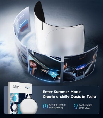 Wigoo Tesla New Model Y Accessories Windshield Sunshade [OEM Design, 100% Sun Blockage] Foldable Heat Insulation Sunshade with Storage Bag, for Model Y 2020~2026 (Juniper), Silver Coating - Image 6