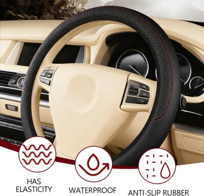 Car Steering Wheel Cover, 15 Inch Elastic Stretch Leather Vehicle Steer Wheel Cover Protector, Anti-Slip Breathable Automotive Interior Protection Accessories, Universal Fit (Black) - Image 4