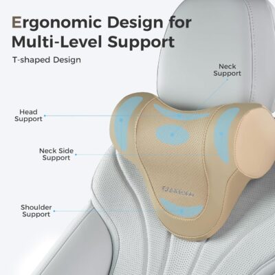 Coverado Car Headrest Pillow, Ergonomic Memory Foam Car Neck Pillow for Driving Seat with Adjustable Strap, Soft PU Leather Breathable Removable Cover Neck Support for Neck Pain Relief - Beige - Image 2