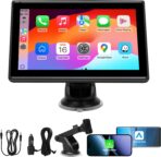 7" Portable Wireless CarPlay Screen for Car – Apple CarPlay & Android Auto, HD Touch Screen Car Stereo, Bluetooth, GPS Navigation, Voice Control, Plug-and-Play with FM/AUX/Mirror Link (Black)