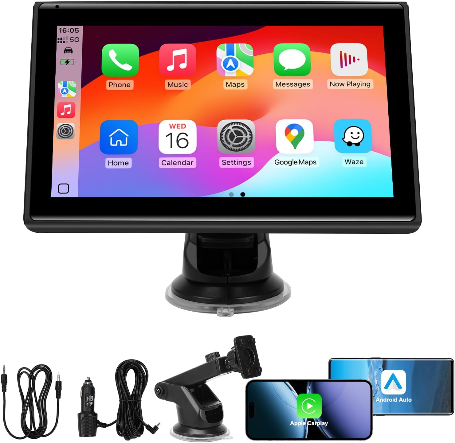 71OvIXVPfL._AC_SL1500_.jpg 7" Portable Wireless CarPlay Screen for Car – Apple CarPlay & Android Auto, HD Touch Screen Car Stereo, Bluetooth, GPS Navigation, Voice Control, Plug-and-Play with FM/AUX/Mirror Link (Black) - Image 1