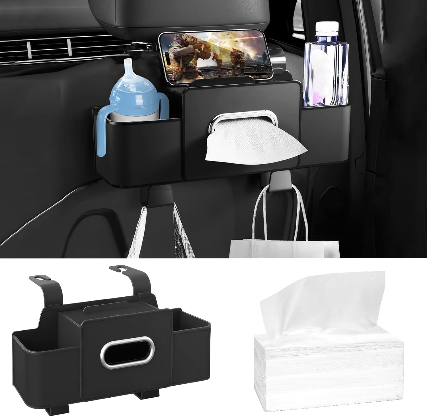 71OvfnTL-hL._AC_SL1500_.jpg Car Back Seat Organizer with 1 Pack of 80 Tissues, Car Seat Back Tissue Box, and Storage Hook, Multi-Functional Organizer for Phone, Drinks, Handbag, Garbage Bags, Fits Most Car Models - Image 1
