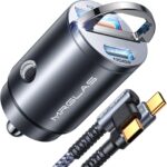 MRGLAS 90W Fast iPhone 17/16 Car Charger, USB C Car Charger with Type C Cable, PD45W & QC45W, Flush Fit, All Metal, Cigarette Lighter RV Power Adapter for iPhone 17 16 Samsung S26 S25 Ultra Pixel 10