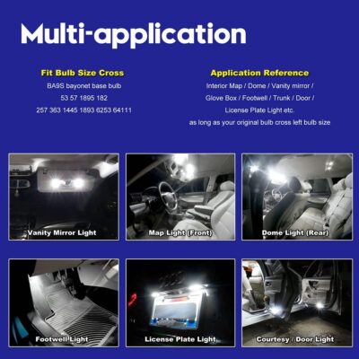 CANBUS BA9S White Extra Bright Car Interior Exterior Replacement Bulb Bayonet Base BA9 53 57 1445 1895 64111 Size Reading Map Dome Side Door Courtesy LED Light 12V 24V (Pack of 4) - Image 5