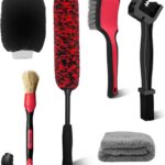 YeewayVeh 6PCS Motorcycle Cleaning Kit with Boar Hair Detailing Brush-Pro Safe for Chrome,Chain, Tire & Engine, Bendable Wheel Brush, Tire and Chain Brush, Wash Mitt & Microfiber Towel for Dirt Bike