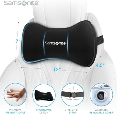 Samsonite Neck Pillow for Car – Ergonomic Memory Foam Headrest Cushion – Car Seat Support for Driving Comfort – Compact Neck Rest – Travel Pillow for Long Road Trip, Black - Image 3