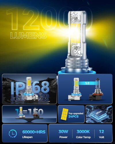 Marsauto H16 H11 H8 LED Fog Light Bulb Yellow, 12,000 Lumens 3500K Amber Yellow Fog Lights Super Bright & Compact H8/H11 LED Bulb, 1:1 Mini Size Plug and Play, Side Marker & Parking Light Combos - Image 7