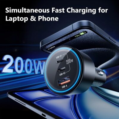 USB C Car Charger Fast Charging 200W, Dual PD 100W Type C Car Charger, PD3.0/QC4.0/PPS Cigarette Lighter Adapter for iPhone 16/15/14/13/12, Galaxy S22/S21 Ultra, MacBook, Laptop etc - Image 2